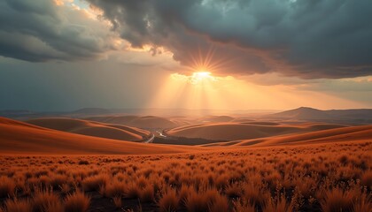 Obraz premium Dramatic Sunset Over Rolling Hills Landscape with Golden Light