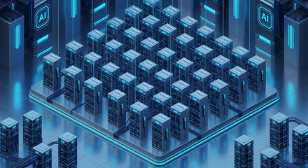 A futuristic data center filled with rows of glowing blue servers, symbolizing advanced artificial intelligence and computing power.