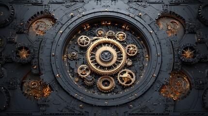 Fototapeta premium A detailed, intricate, mechanical system with gears and cogs, showcasing a dark gray and gold color palette.