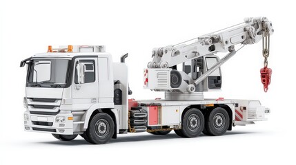 White truck with crane mechanism, isolated on white background.