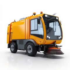 A modern street cleaning vehicle in bright yellow on a white isolated background.