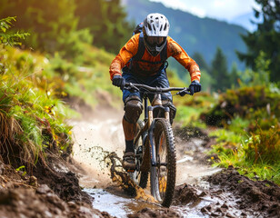 Naklejka premium Mountain biker riding through mud on a trail extreme sport adventure