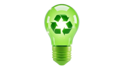 Green Light Bulb with Recycling Symbol Glowing Brightly energy isolated on a transparent background
