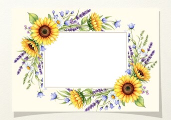 Obraz premium Floral Border with Sunflowers and Blue-Purple Blooms on Soft Gradient Background for Invitations