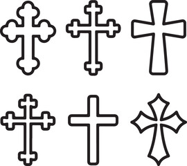 Hand-Drawn Religious Cross Vector Icons Pack Decorative, Historic, and Modern Cross Styles Line Art Collection