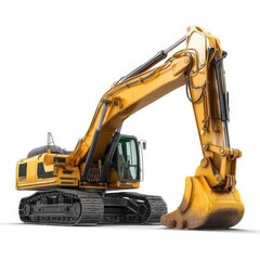 Heavy yellow excavator on a white isolated background, showcasing its impressive design and functionality.