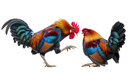 Two colorful roosters facing each other in a standoff