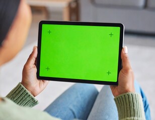 Woman using green screen tablet indoors