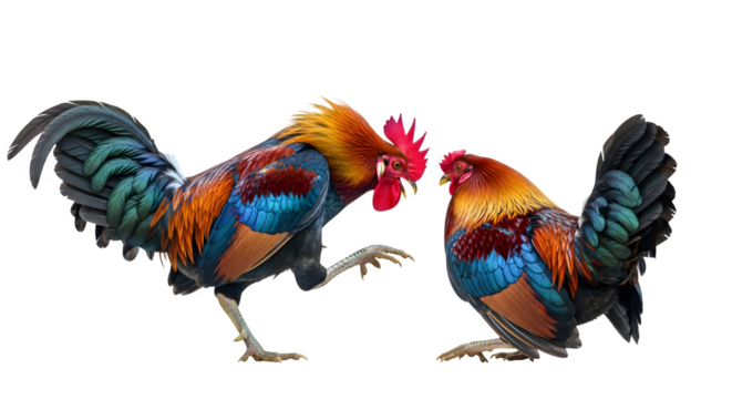 Two colorful roosters facing each other in a standoff