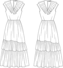 cad drawing flat vector illustration, elegant sleeveless long dress with tiered pleated skirt, ruffle neckline, front and back detailed view