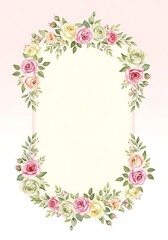 Floral Frame with Pink and White Roses on Cream Center and Soft Pink Background for Invitations