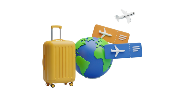 Yellow Suitcase Globe and Plane Tickets for Travel Concept Isolated tourism vacation isolated on a transparent background