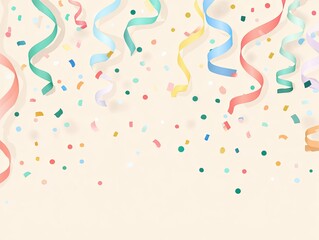 Fototapeta premium Pastel confetti and streamers on a light beige background