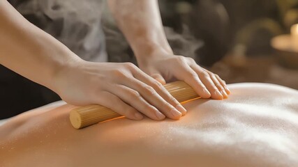 Professional therapist providing a relaxing warm bamboo massage with steaming sticks on a client's back for deep tissue muscle relief in a spa - Powered by Adobe