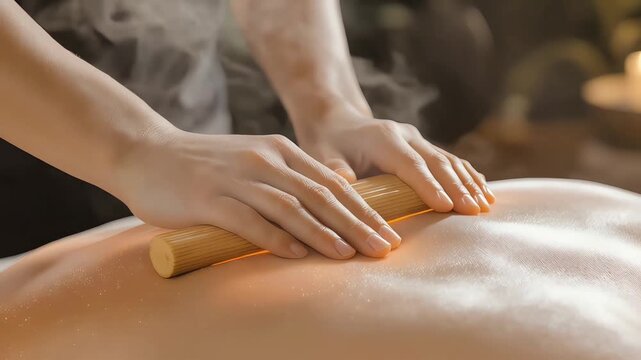 Professional therapist providing a relaxing warm bamboo massage with steaming sticks on a client's back for deep tissue muscle relief in a spa