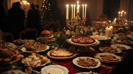 A lavishly decorated table laden with an assortment of festive dishes and illuminated by numerous candles creates a warm and inviting atmosphere for a celebratory gathering.