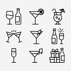 Outlined Cocktail and Wine Icons Representing Celebration and Festive Beverages.