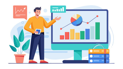 Man presenting data on a computer screen with charts