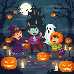 Festive Halloween vector featuring children in costumes, haunted house, and glowing pumpkins. Ideal for posters, stickers, social media, and digital artwork.