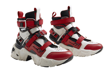 Stylish red and white high top sneakers isolated on black.