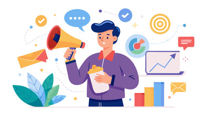 Man holding megaphone with marketing elements around