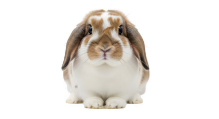 Adorable brown and white lopeared rabbit sitting upright looking at the camera