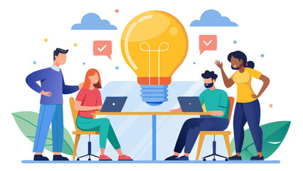 Diverse team brainstorming with a large light bulb idea