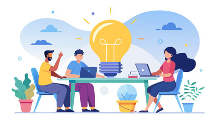 People brainstorming around a table with light bulbs