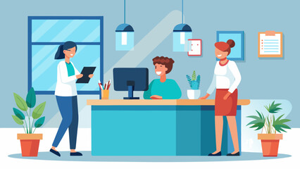 Office scene with employees and interior decorations