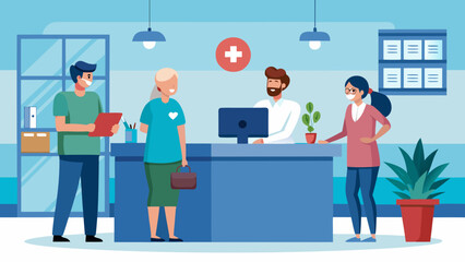 People in a medical office with a reception desk area