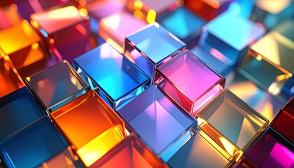 Vibrant, multicolored glass cubes form an abstract, three-dimensional pattern with light reflections