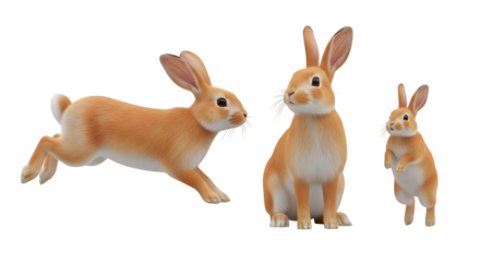 Three adorable rabbits in various poses against a stark black studio background