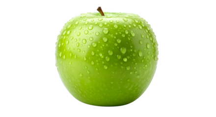 Fresh green apple covered in water droplets against a stark view