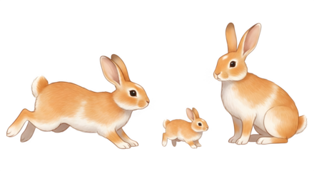 Three adorable rabbits in a family portrait with one jumping