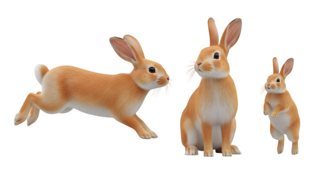 Three adorable rabbits in various poses against a stark black studio background