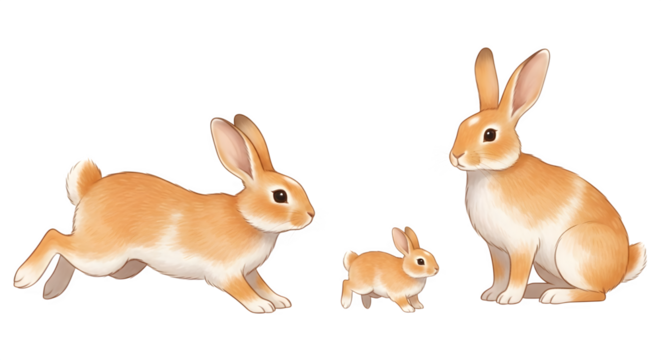 Three adorable rabbits in a family portrait one running and two sitting still
