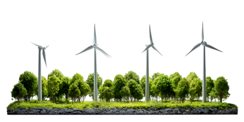 Wind turbines in a lush green forest, symbolizing renewable energy.