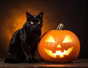 Black Cat Beside a Halloween Lantern – Spooky and Enchanting Scene