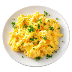 Delicious scrambled eggs with parsley garnish isolated on transparent background.