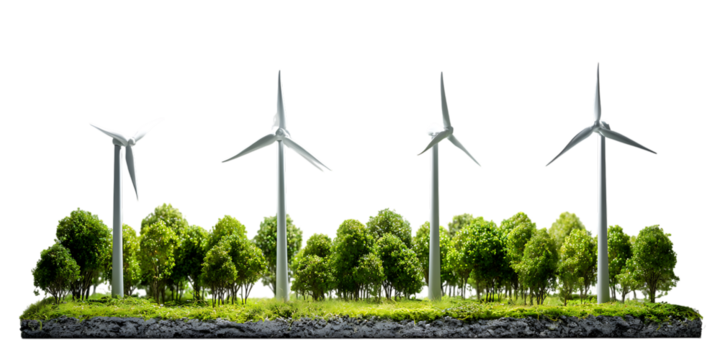 Wind turbines in a lush green forest, symbolizing renewable energy.