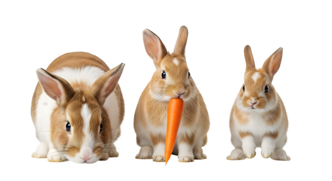 Three adorable rabbits posing one eating a fresh carrot