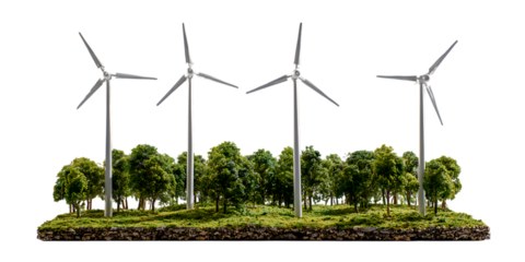 Wind turbines and lush forest. Clean energy concept.