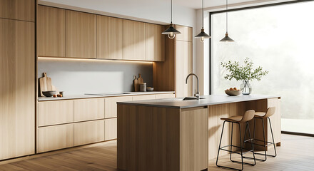 A modern, minimalist kitchen with light wood cabinetry, a large island with bar stools, and a scenic view through a large window.