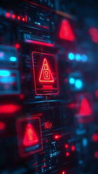 Red glowing digital lock warning symbol on a futuristic computer interface with cyber elements and neon lights. Concept of cybersecurity, hacking alert, data protection, and digital security breach
