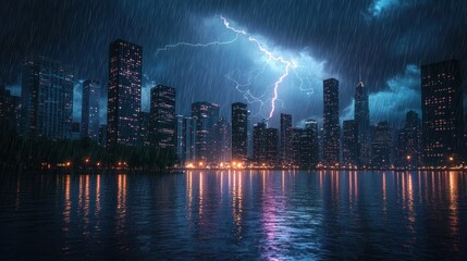 A lightning flash illuminates a stormy night sky over a city skyline with rain pouring down and reflections on wet streets