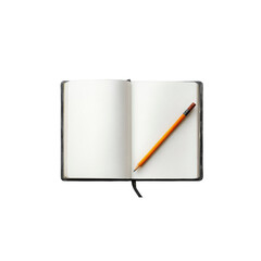 Blank Notebook with Pencil - Open Book, Top View, Flat Lay