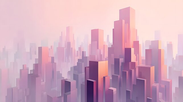 A stylized cityscape, rendered in soft, muted tones, with towering, blocky structures rising amidst a hazy, pastel atmosphere.