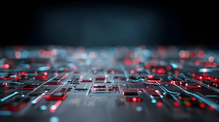 Obraz premium A complex circuit board design, highlighted with glowing red and teal lines, showcasing a futuristic and technological aesthetic.