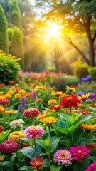 Obraz premium Colorful flowers and leaves in a lush garden with warm sunlight filtering through the trees