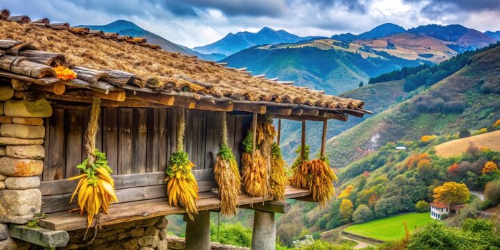 Awnings of an ancient Asturian Horreo adorned with vines and organic green ears of corn against a backdrop of rugged mountainous landscape on a crisp autumn day